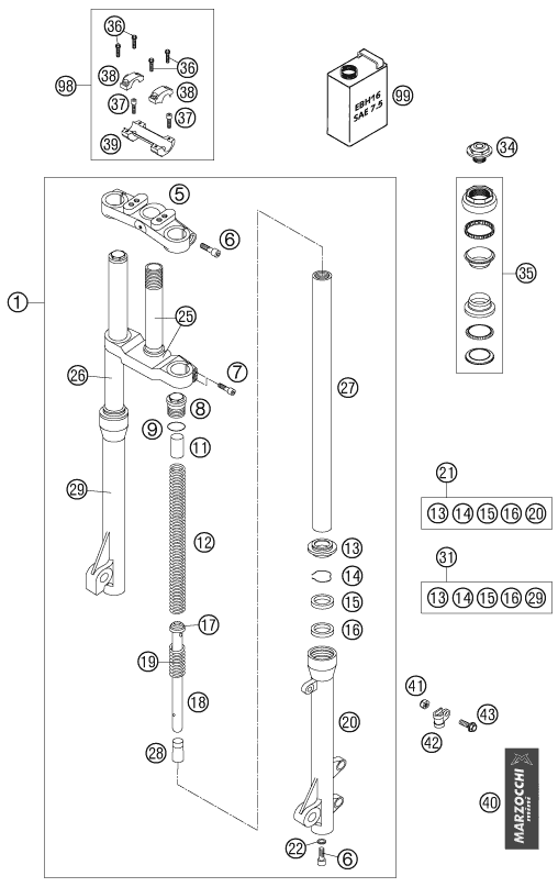 Sprängskiss: Front Fork, Triple Clamp – KTM 50 SX JUNIOR 2006