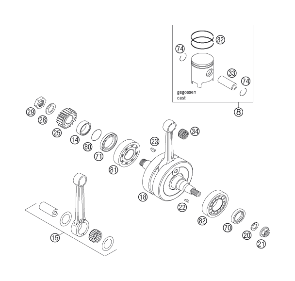 Sprängskiss: Crankshaft, Piston – KTM 144 SX 2007