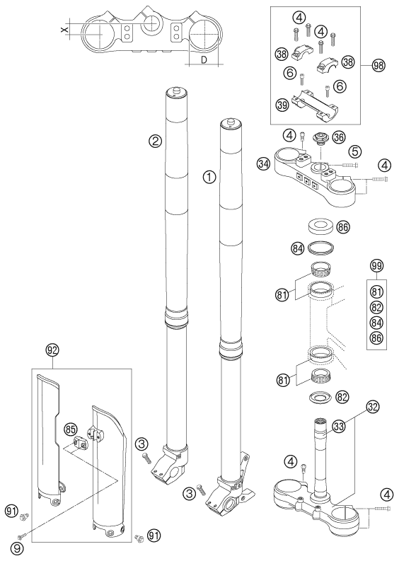 Sprängskiss: Front Fork, Triple Clamp – KTM 300 XC-W 2006