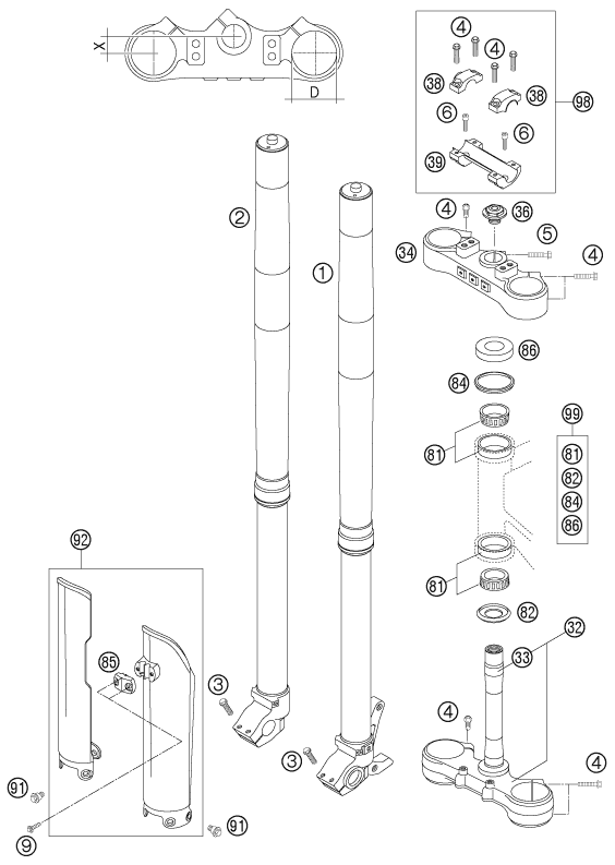 Sprängskiss: Front Fork, Triple Clamp – KTM 625 SXC 2006