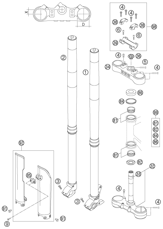 Sprängskiss: Front Fork, Triple Clamp – KTM 525 EXC RACING 2006