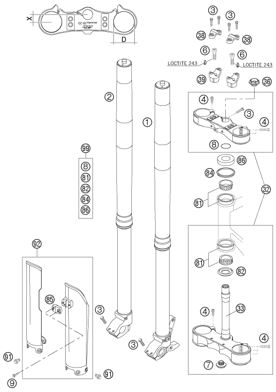 Sprängskiss: Front Fork, Triple Clamp – KTM 125 EXC SIX-DAYS 2006