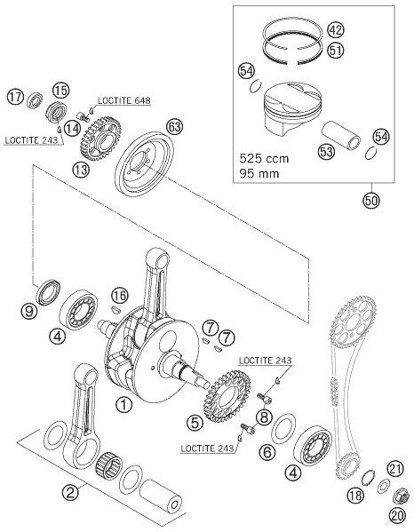 Sprängskiss: Crankshaft, Piston – KTM 525 SX 2006