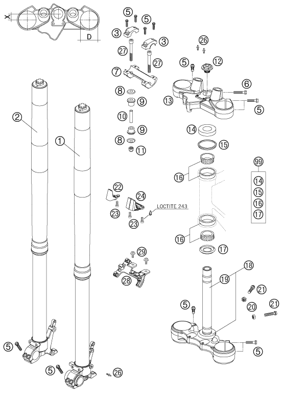 Sprängskiss: Front Fork, Triple Clamp – KTM 990 ADVENTURE BLACK ABS 2006