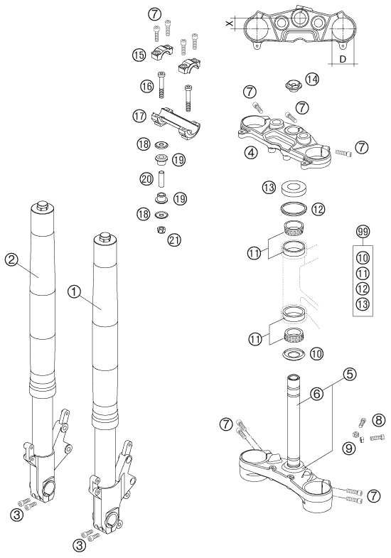 Sprängskiss: Front Fork, Triple Clamp – KTM 990 SUPERDUKE BLACK 2006
