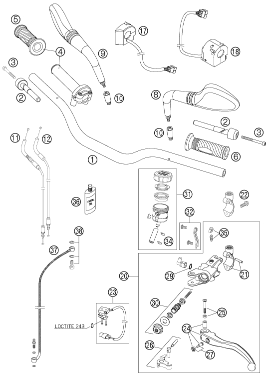 Sprängskiss: Handlebar, Controls – KTM 990 SUPERDUKE BLACK 2006