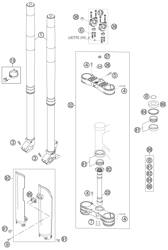 Sprängskiss: Front Fork, Triple Clamp – KTM 250 SXS 2006