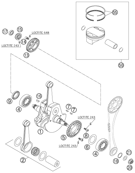 Sprängskiss: Crankshaft, Piston – KTM 540 SXS 2006