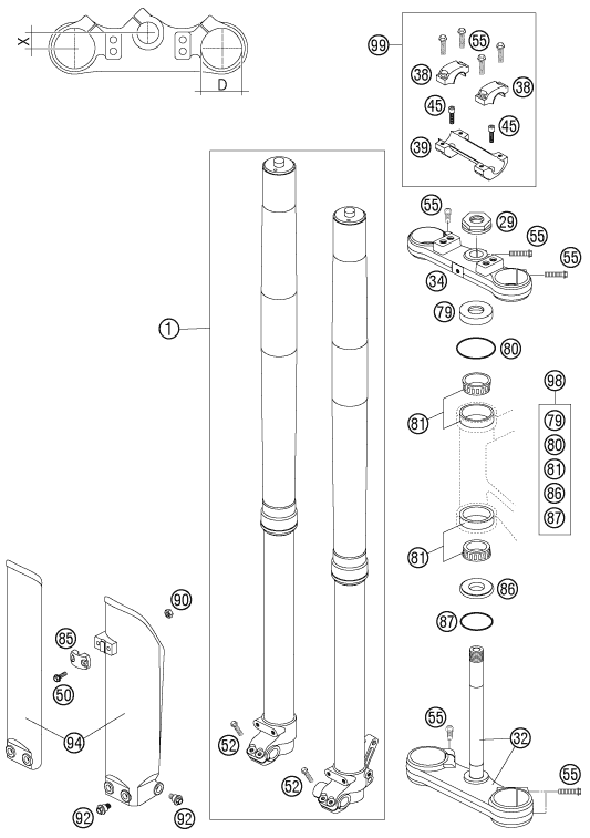 Sprängskiss: Front Fork, Triple Clamp – KTM 105 SX 2007