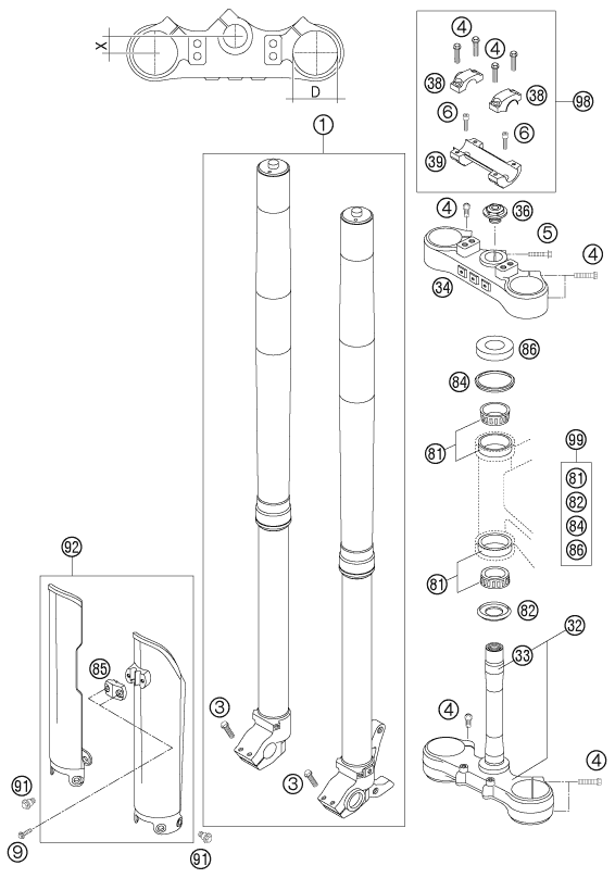Sprängskiss: Front Fork, Triple Clamp – KTM 200 EXC 2007