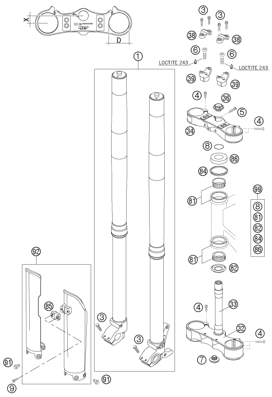 Sprängskiss: Front Fork, Triple Clamp – KTM 200 XC 2007