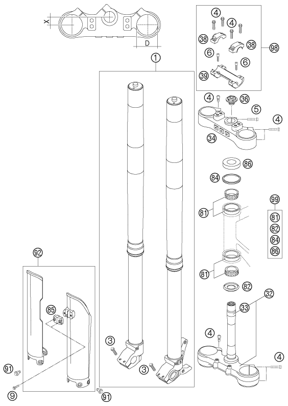 Sprängskiss: Front Fork, Triple Clamp – KTM 625 SXC 2007
