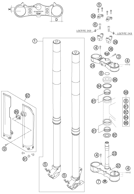 Sprängskiss: Front Fork, Triple Clamp – KTM 525 XC 2007