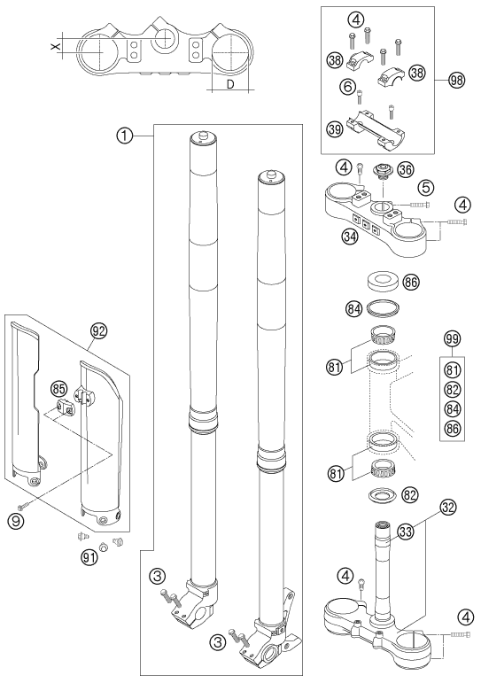 Sprängskiss: Front Fork, Triple Clamp – KTM 450 EXC RACING 2007