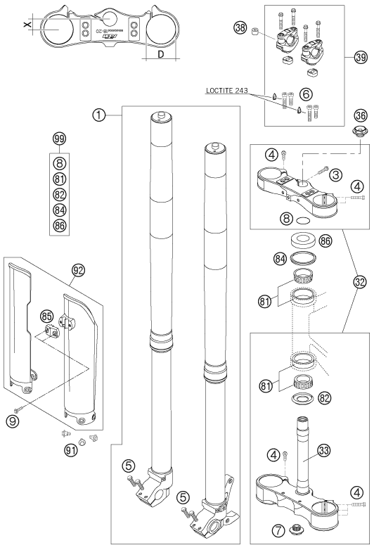 Sprängskiss: Front Fork, Triple Clamp – KTM 250 EXC SIX-DAYS 2007
