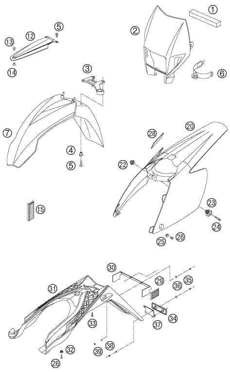 Sprängskiss: Mask, Fenders – KTM 525 EXC