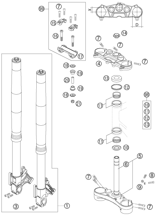 Sprängskiss: Front Fork, Triple Clamp – KTM 990 SUPER DUKE BLACK 2007