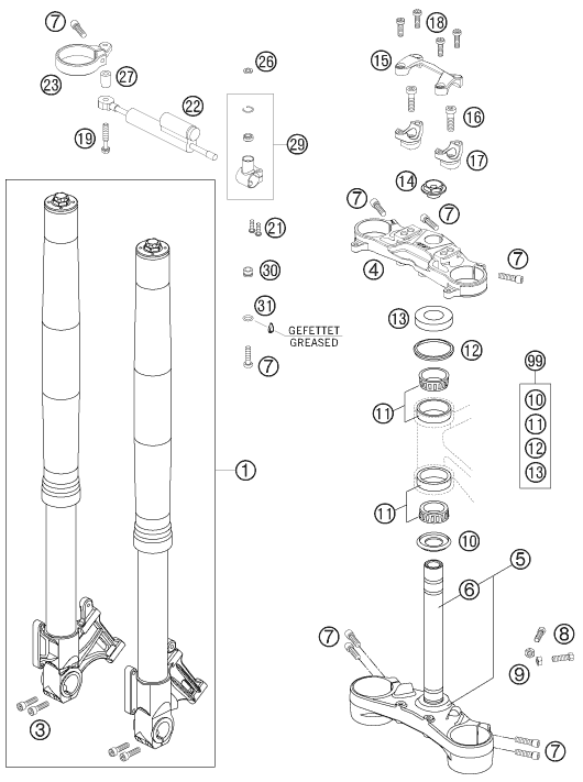 Sprängskiss: Front Fork, Triple Clamp – KTM 990 SUPER DUKE R 2007