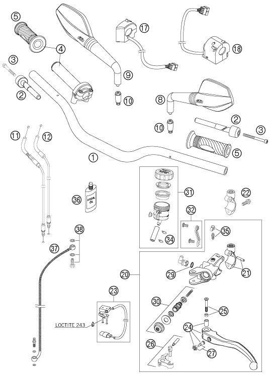 Sprängskiss: Handlebar, Controls – KTM 990 SUPER DUKE BLACK 2007