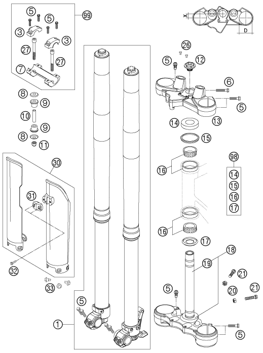 Sprängskiss: Front Fork, Triple Clamp – KTM 950 SUPERENDURO R 2007
