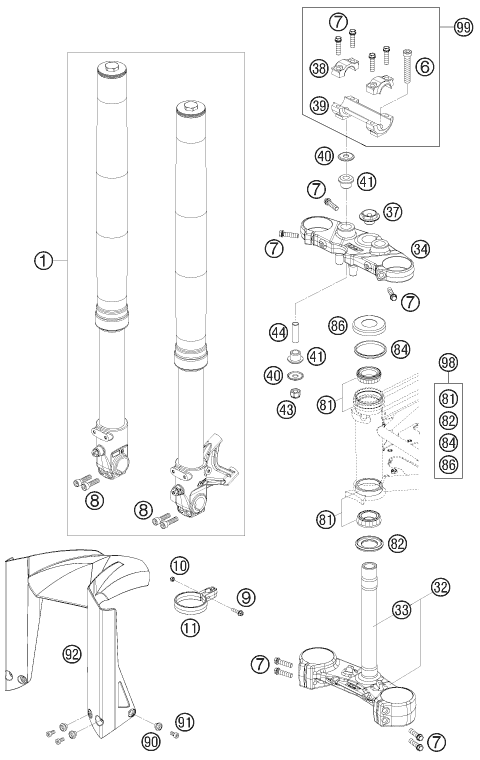 Sprängskiss: Front Fork, Triple Clamp – KTM 690 SUPERMOTO PRESTIGE 2007