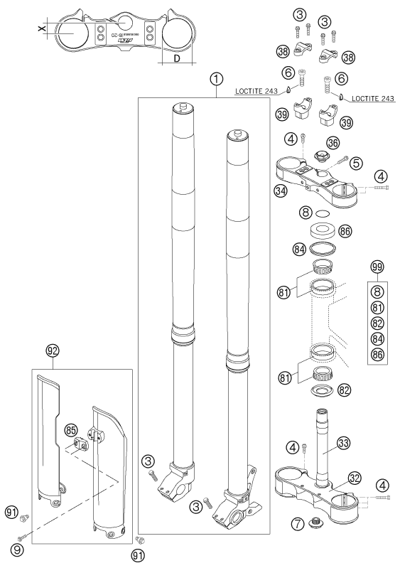 Sprängskiss: Front Fork, Triple Clamp – KTM 250 SX-F 2007