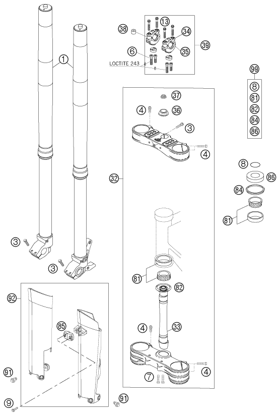Sprängskiss: Front Fork, Triple Clamp – KTM 250 SXS 2007
