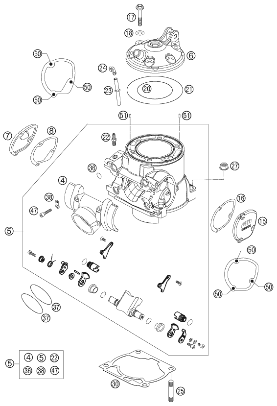 Sprängskiss: Cylinder, Cylinder Head – KTM 250 SXS 2007