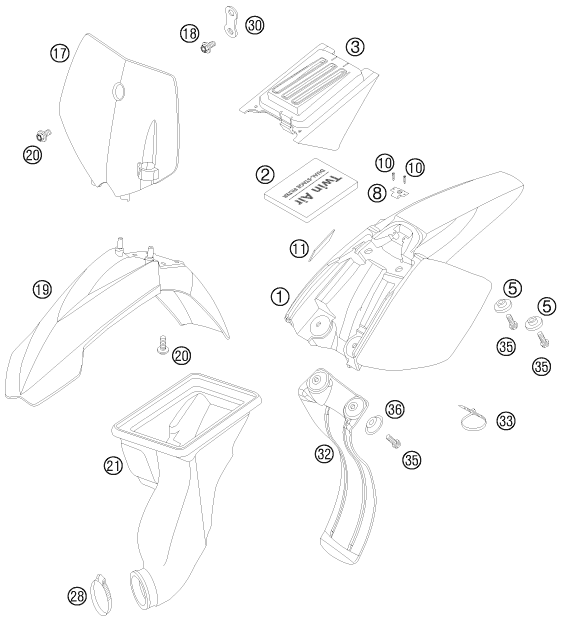 Sprängskiss: Mask, Fenders – KTM 50 SX 2008