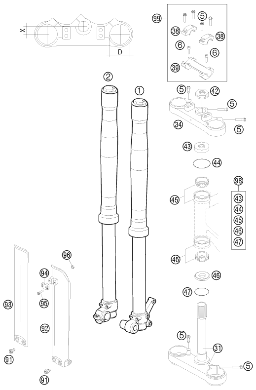 Sprängskiss: Front Fork, Triple Clamp – KTM 65 SX 2008