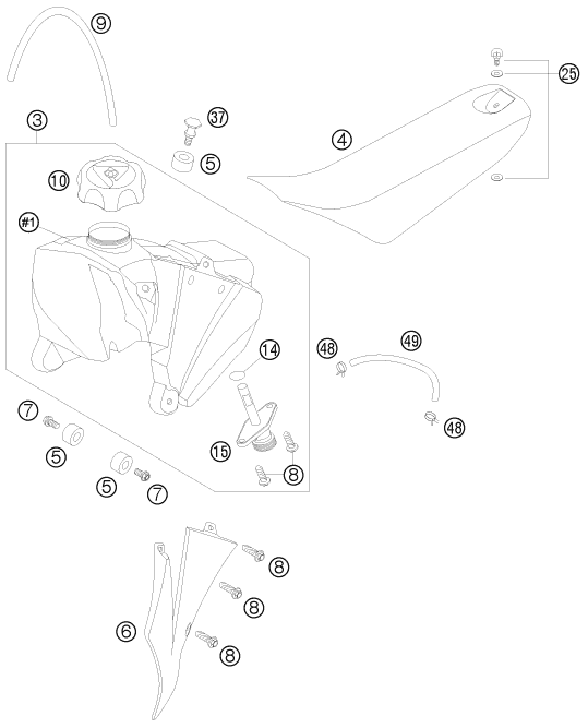 Sprängskiss: Tank, Seat – KTM 65 SX 2008