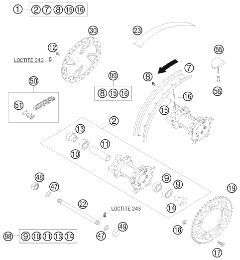 Sprängskiss: Rear Wheel – KTM 65 SX 2008