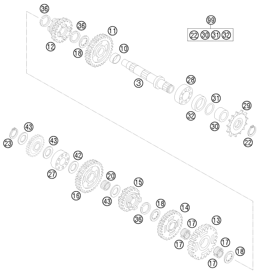 Sprängskiss: Transmission II - Countershaft – KTM 105 XC 19/16 2009