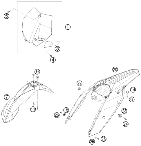 Sprängskiss: Mask, Fenders – KTM 250 XC-F 2008