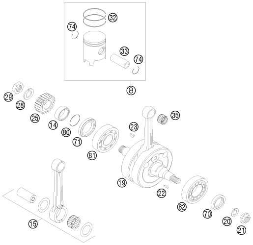 Sprängskiss: Crankshaft, Piston – KTM 200 EXC 2008