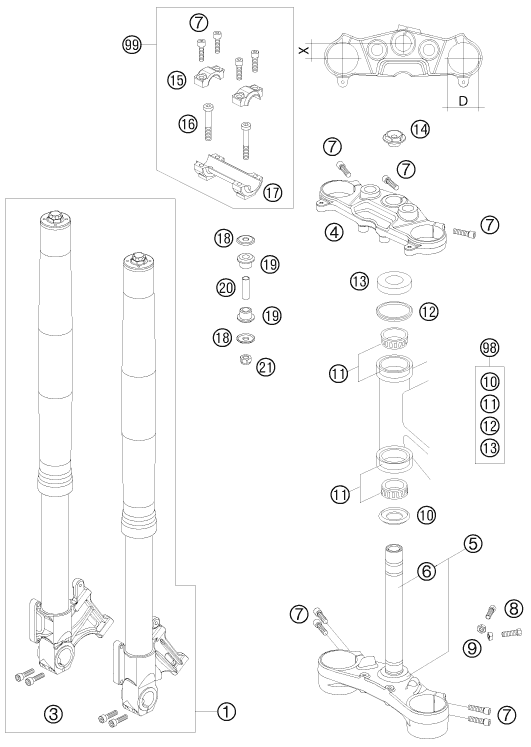 Sprängskiss: Front Fork, Triple Clamp – KTM 990 SUPER DUKE BLACK 2008