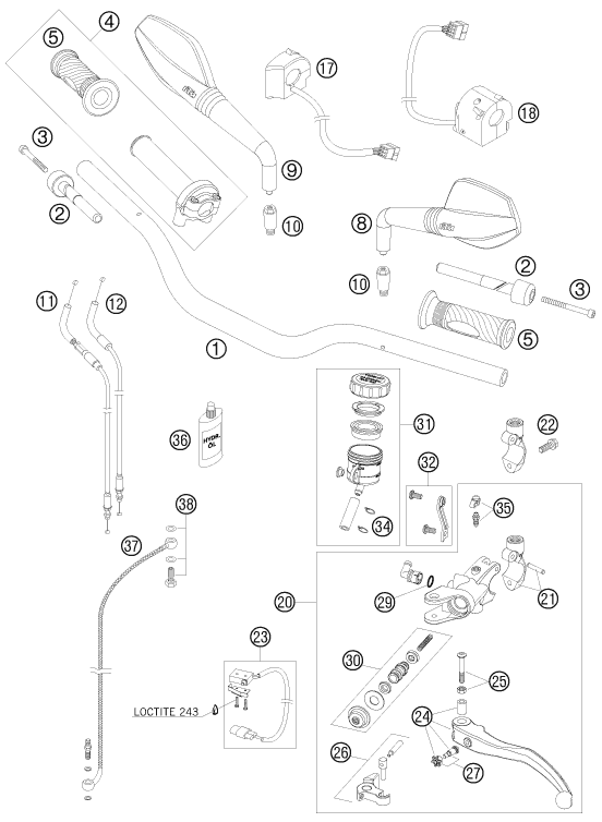 Sprängskiss: Handlebar, Controls – KTM 990 SUPER DUKE BLACK 2008