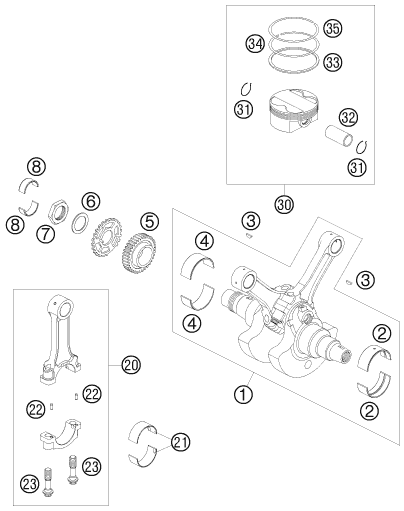 Sprängskiss: Crankshaft, Piston – KTM 990 SUPER DUKE BLACK 2008