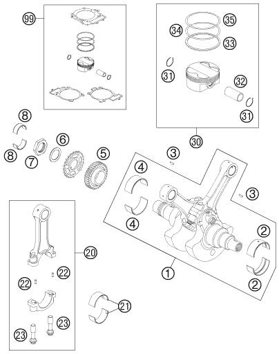 Sprängskiss: Crankshaft, Piston – KTM 990 SUPER DUKE ORANGE 2010