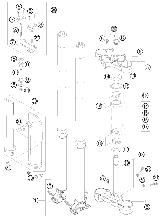 Sprängskiss: Front Fork, Triple Clamp – KTM 950 SUPER ENDURO R 2008