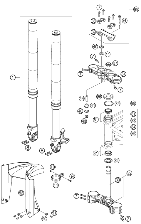 Sprängskiss: Front Fork, Triple Clamp – KTM 690 SUPERMOTO R 2008