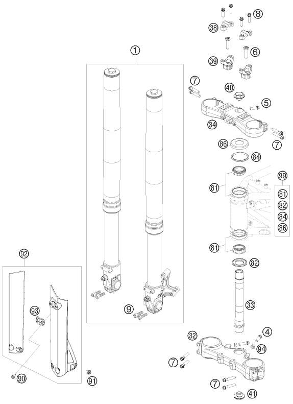 Sprängskiss: Front Fork, Triple Clamp – KTM 690 SMC 09