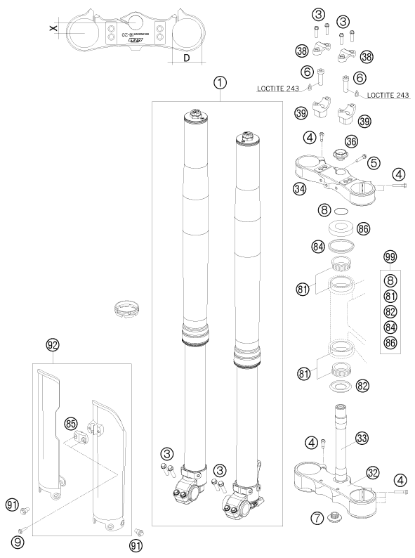 Sprängskiss: Front Fork, Triple Clamp – KTM 450 SMR 2009