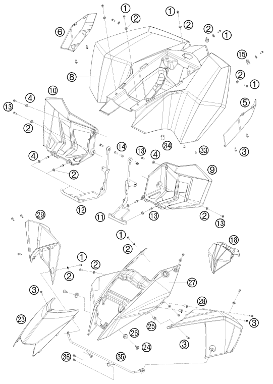 Sprängskiss: Mask, Fenders – KTM 525 XC ATV 2008