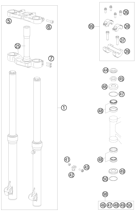 Sprängskiss: Front Fork, Triple Clamp – KTM 50 SX 2009