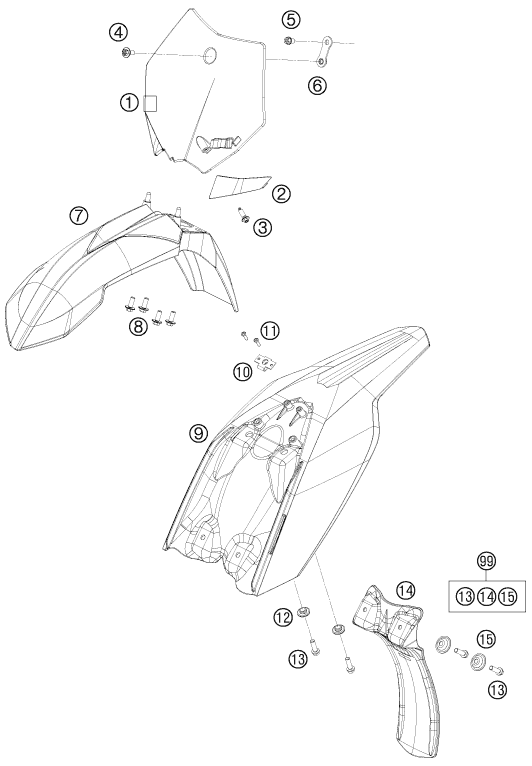 Sprängskiss: Mask, Fenders – KTM 50 SX 2009