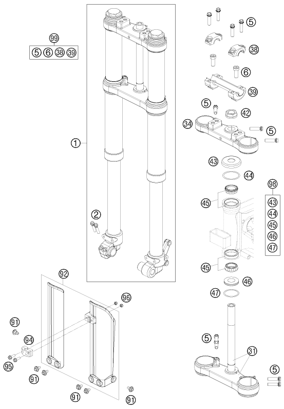 Sprängskiss: Front Fork, Triple Clamp – KTM 65 SX 2009