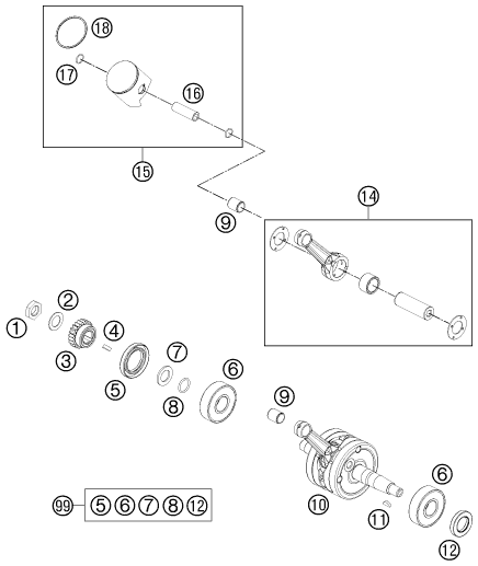 Sprängskiss: Crankshaft, Piston – KTM 65 SX 2009