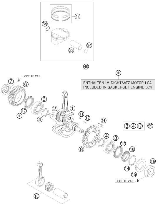 Sprängskiss: Crankshaft, Piston – KTM 690 DUKE ORANGE 2009