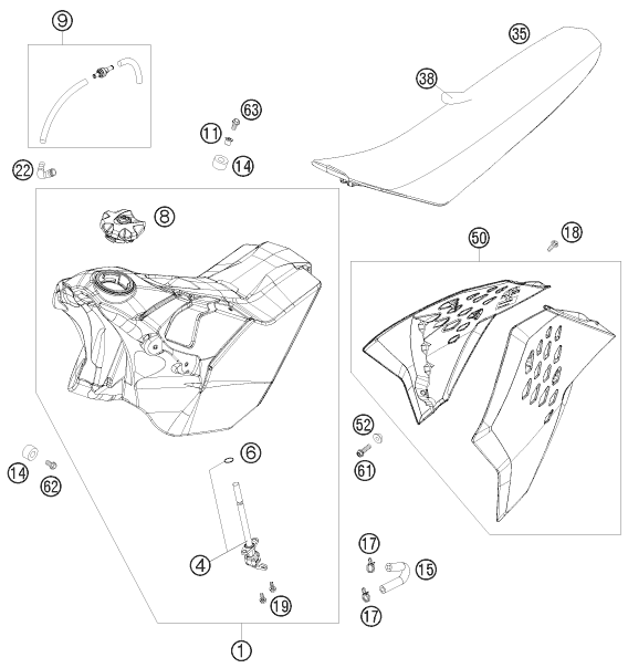 Sprängskiss: Tank, Seat – KTM 250 EXC-F 2009